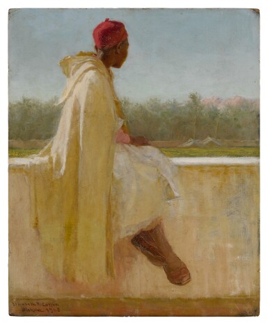 View full screen - View 1 of Lot 445. Arab Boy (front); Landscape with Horse-Drawn Hay Wagon (back).