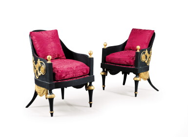 View full screen - View 1 of Lot 345. A pair of Continental neoclassical lacquered wood and parcel gilt bergères, possibly Russian, first quarter 19th century ; (redecorated).