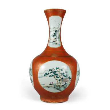 View full screen - View 1 of Lot 236. A Chinese Large Gilt-Decorated Coral-Ground Famille-Rose 'Landscape' Bottle Vase, Qing Dynasty, 19th Century | 清十九世紀 珊瑚紅地描金開光山水圖大瓶.