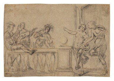 View full screen - View 1 of Lot 539. DUTCH CARAVAGGIST, EARLY 17TH CENTURY | RECTO: MUSICIANS PLAYING BEHIND A BALUSTRADE FOR A PAIR OF DANCERS; VERSO: TWO STUDIES AFTER ANTIQUE SCULPTURES OF TORSOS.
