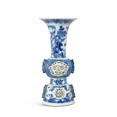 View full screen - View 1 of Lot 3631. A rare blue and white reticulated gu-form vase, Ming dynasty, Wanli period | 明萬曆 青花鏤空仿古獸面紋觚.
