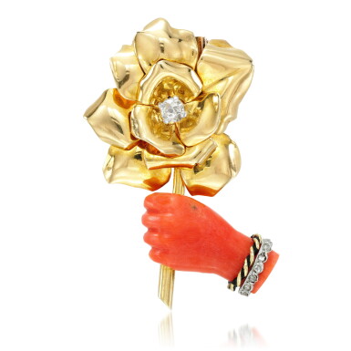 View full screen - View 1 of Lot 91. Cartier | Coral and diamond brooch, circa 1938.