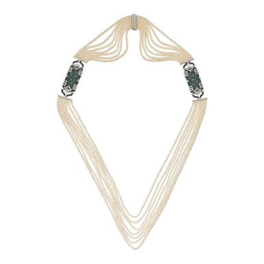 View full screen - View 1 of Lot 94. Sautoir perles de culture, néphrite et diamants | Cultured pearl, nephrite and diamond sautoir.