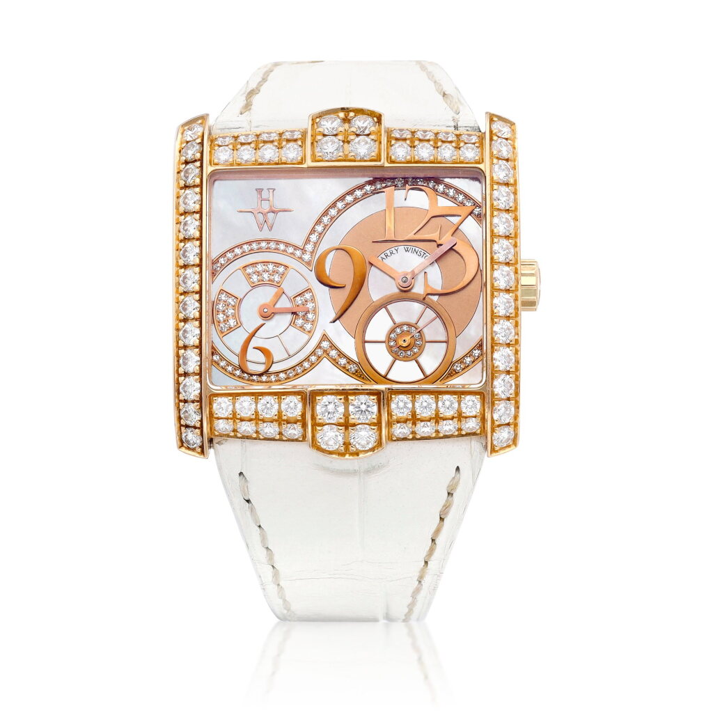 View full screen - View 1 of Lot 8617. Avenue Dual Time, Reference 350/LQTZR | A pink gold and diamond-set dual time zone wristwatch with mother-of-pearl dial, Circa 2015 | 海瑞溫斯頓 | Avenue Dual Time 型號350/LQTZR | 粉紅金鑲鑽石兩地時間腕錶,備珠母貝錶盤,約2015年製.