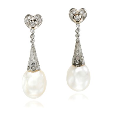 View full screen - View 1 of Lot 53. Pair of natural pearl and diamond earrings, early 20th century composite.