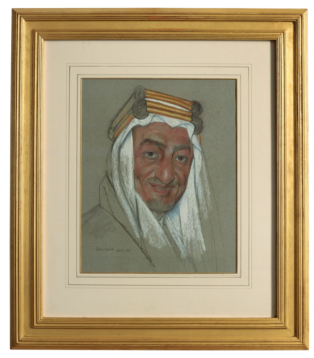 View full screen - View 1 of Lot 213. Saudi Arabia. Portrait King Faisal, pastel on paper, framed and glazed.