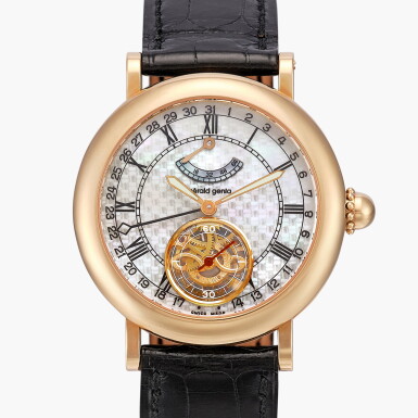 View full screen - View 1 of Lot 324. Arena, Reference G.4066 | A pink gold tourbillon wristwatch with date, power reserve indication and mother-of-pearl dial | Circa 1990.