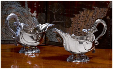 View full screen - View 1 of Lot 49. A PAIR OF GEORGE II SILVER SAUCE BOATS, PEZE PILLEAU, LONDON, 1752.