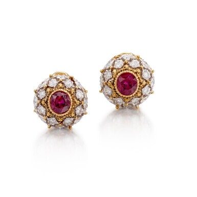 View full screen - View 1 of Lot 1673. Pair of Ruby and Diamond Ear Clips | 布切拉迪 | 紅寶石 配 鑽石 耳夾一對.