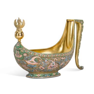 View full screen - View 1 of Lot 46. A monumental silver-gilt and cloisonné enamel kovsh, Vasili Agafonov, St Petersburg, 1899-1908.