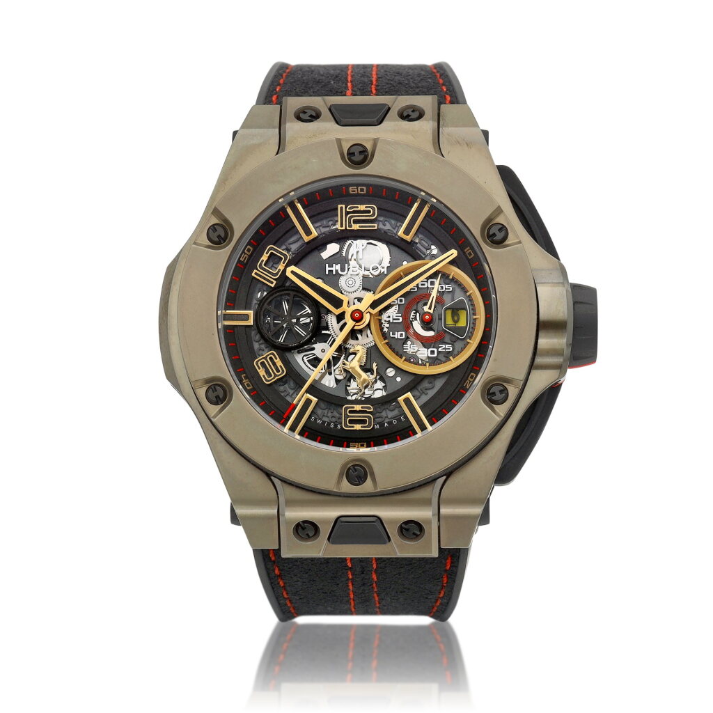 View full screen - View 1 of Lot 8674. Big Bang Ferrari Unico Magic Gold, Reference 402.MX.0138.WR | A limited edition yellow gold and titanium semi-skeletonised flyback chronograph wristwatch with date, Circa 2019 | 宇舶 | Big Bang Ferrari Unico Magic Gold 型號402.MX.0138.WR | 限量版黃金及鈦金屬半鏤空飛返計時腕錶,備日期顯示,約2019年製.