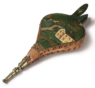 View full screen - View 1 of Lot 1059. FINE LEATHER AND WOOD BRASS-MOUNTED POLYCHROME-PAINT DECORATED BELLOWS, NEW ENGLAND, CIRCA 1800.