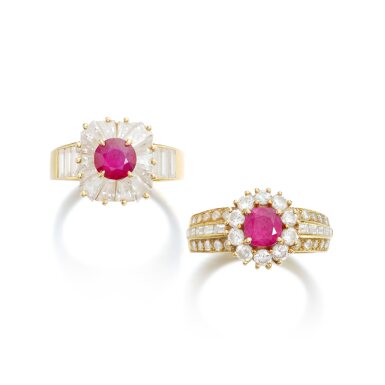 View full screen - View 1 of Lot 855. Pink sapphire and diamond ring and a ruby and diamond ring.
