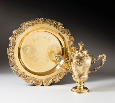 View full screen - View 1 of Lot 30. An important silver-gilt two-handled cover cup with stand, John Swift, London, 1738 | Grande coupe couverte à deux anses et son présentoir en vermeil par John Swift, Londres, 1738.