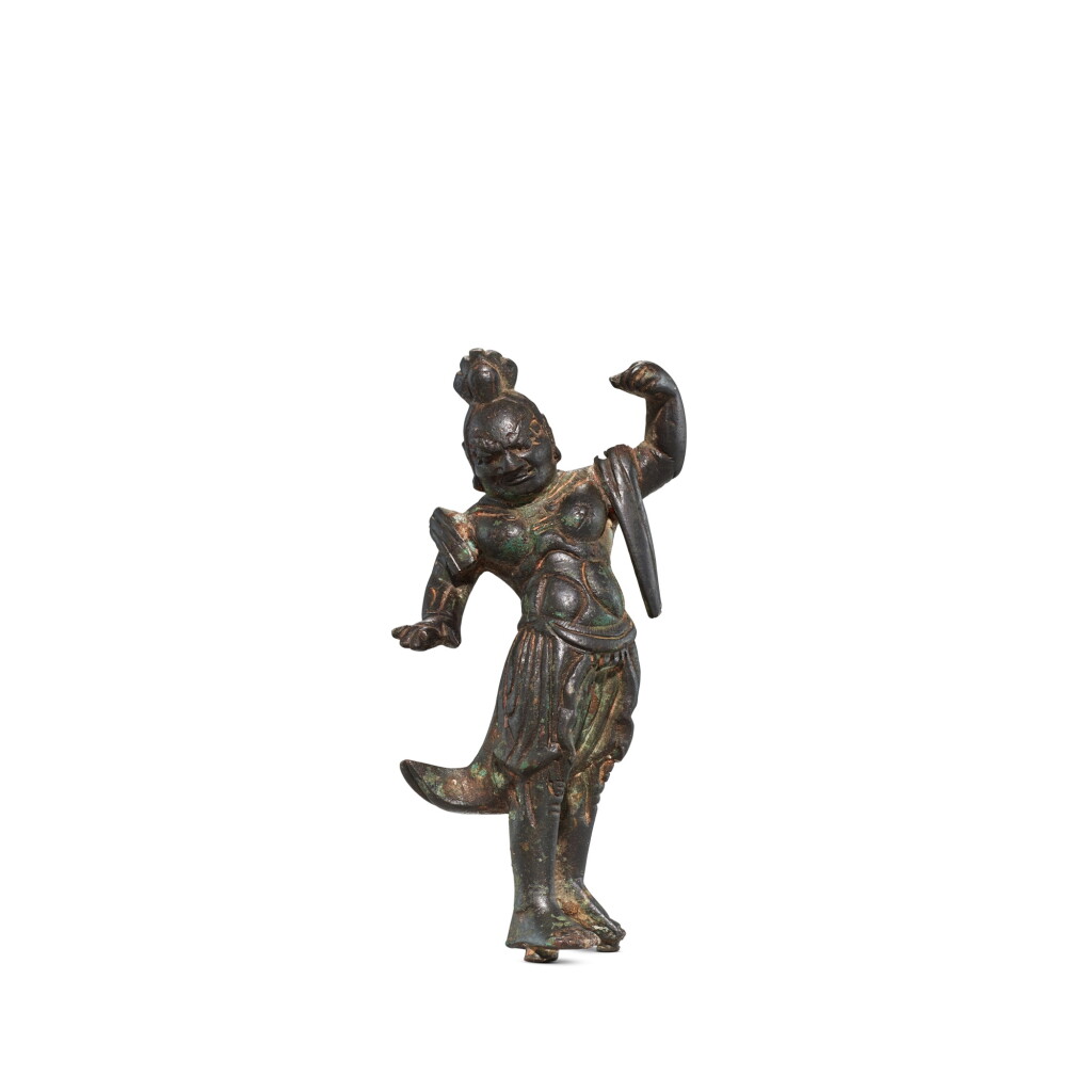 View full screen - View 1 of Lot 5895. A gilt-bronze Buddhist guard, Tang dynasty | 唐 銅鎏金力士像.