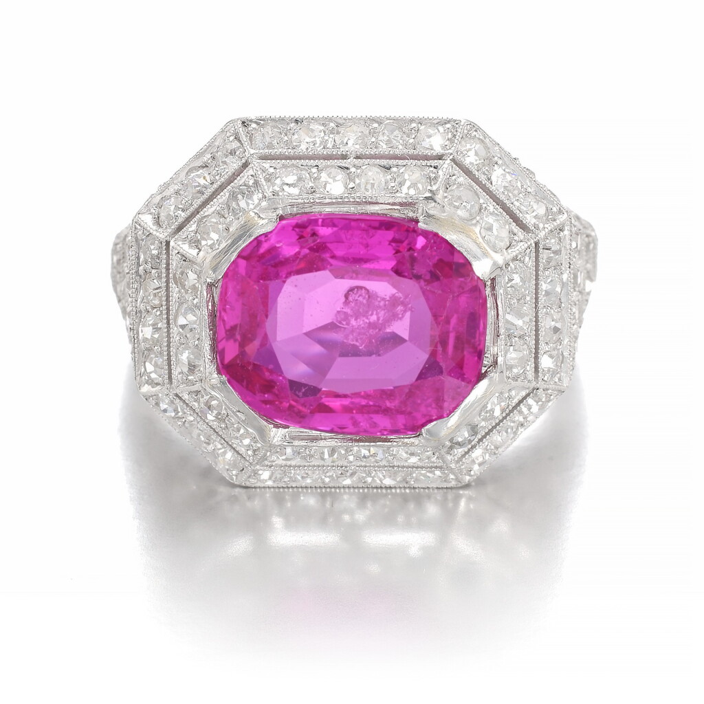 View full screen - View 1 of Lot 683. Pink sapphire and diamond ring, circa 1930 | 粉紅色剛玉配鑽石戒指,約1930年.