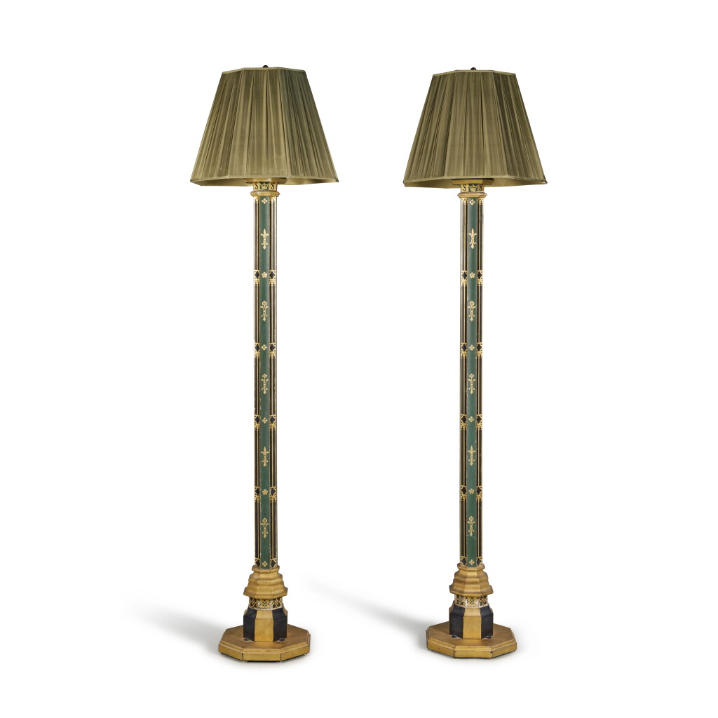 View full screen - View 1 of Lot 148. A Pair of Neogothic Style Gold and Polychrome Painted Wood Tall Floor Lamps.