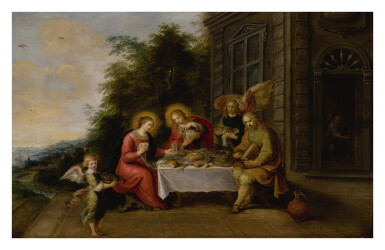 View full screen - View 1 of Lot 53. FRANS FRANCKEN THE YOUNGER | THE HOLY FAMILY DINING OUTDOORS WHILE SERVED BY ANGELS.