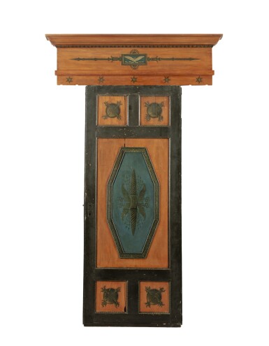View full screen - View 1 of Lot 221. A DIRECTOIRE CARVED AND LACQUERED SMALL DOOR AND PEDIMENT, ATTRIBUTED TO JACOB FRÈRES, PROBABLY AFTER A DRAWING BY CHARLES PERCIER, CIRCA 1795 | PORTE ET SON FRONTON EN BOIS SCULPTÉ ET LAQUÉ D'ÉPOQUE DIRECTOIRE, VERS 1795, ATTRIBUÉ À JACOB FRÈRES, PROBABLEMENT D'APRÈS UN DESSIN DE CHARLES PERCIER.