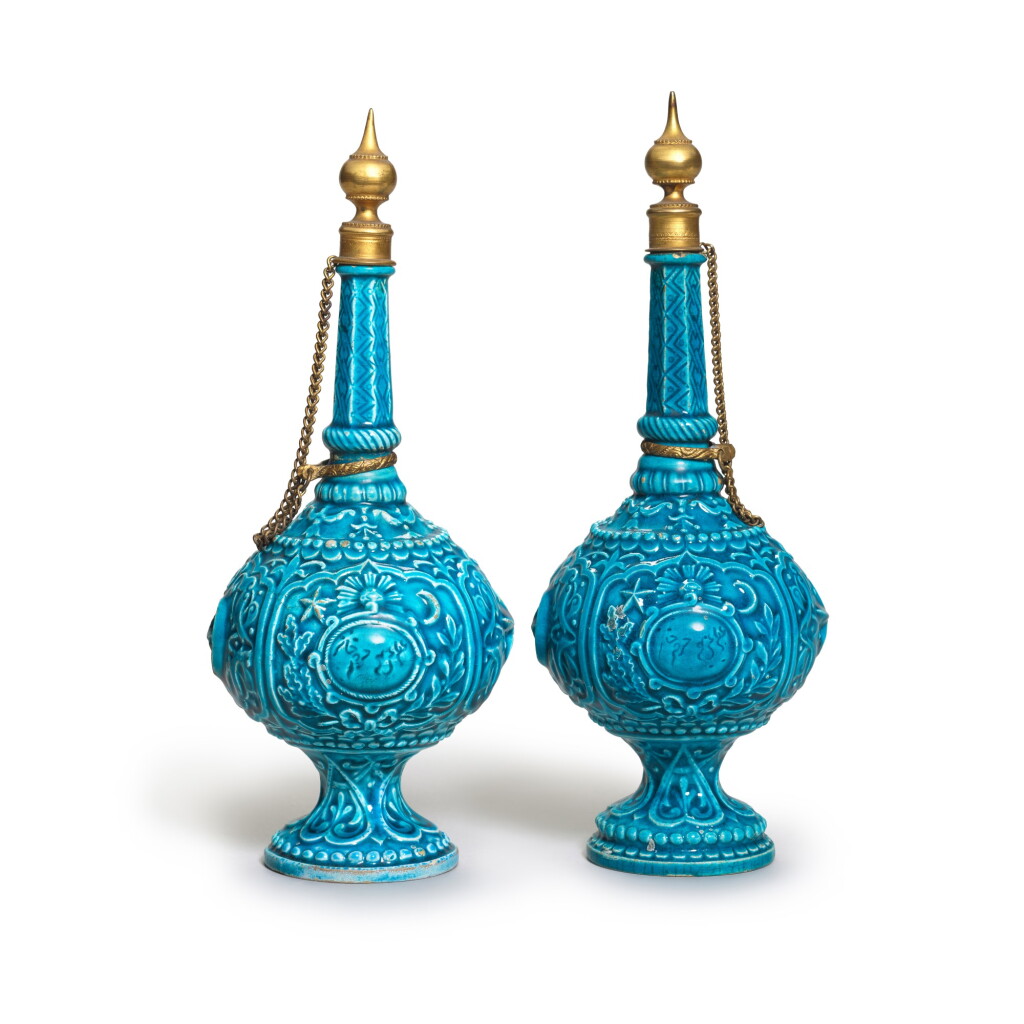 View full screen - View 1 of Lot 134. A pair of Theodore Deck earthenware rose-water sprinklers with gilt-copper mounts, France, 19th century.