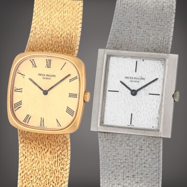 View full screen - View 1 of Lot 230. A set of two bracelet watches | References 3566/1J & 3571/1G | A yellow gold bracelet watch and a white gold bracelet watch | Circa 1974 & 1970.