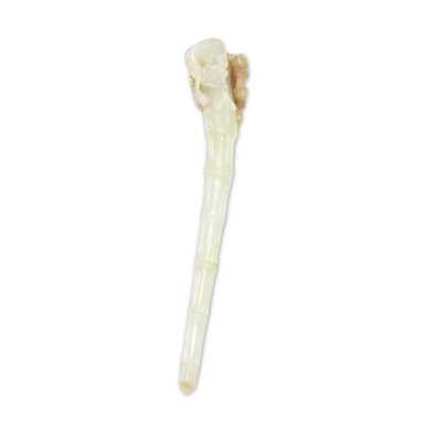 View full screen - View 1 of Lot 482. A white and russet jade 'Three Friends of Winter' hairpin, Signed Zigang, Late Ming dynasty 明末 白玉歲寒三友竹節式髮簪 《子剛製》款.