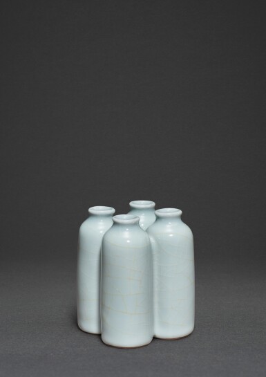 View full screen - View 1 of Lot 10. A rare guan-glazed quadruple vase, Seal mark and period of Yongzheng | 清雍正 仿官釉四連瓶 《雍正年製》款.