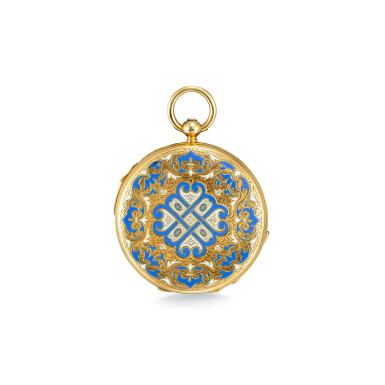 View full screen - View 1 of Lot 4010. MOULINIE | A YELLOW GOLD AND ENAMEL OPENFACE KEYWOUND QUARTER REPEATING CYLINDER WATCH, CIRCA 1850.