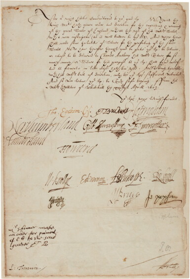 View full screen - View 1 of Lot 12. King James I—Privy Council | Letter signed, to the Lord Treasurer, on the production of a new great seal, 29 April 1603.