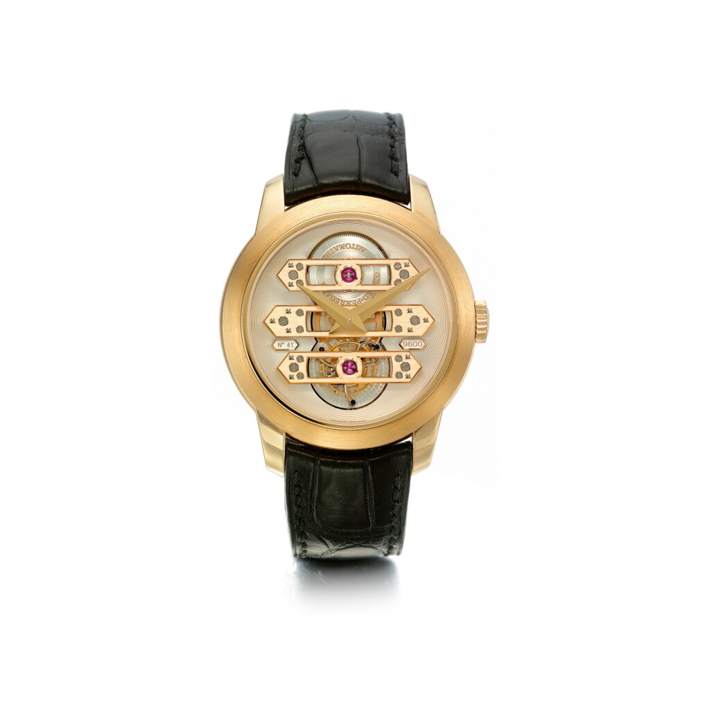 View full screen - View 1 of Lot 997. GIRARD-PERREGAUX | REF 99193 TOURBILLON SOUS TROIS PONTS D'OR, A LIMITED EDITION PINK GOLD AUTOMATIC TOURBILLON WRISTWATCH WITH THREE GOLD BRIDGES CIRCA 2000 | 芝柏 |99193型號「TOURBILLON SOUS TROIS PONTS D'OR」限量版粉紅金自動上鏈三金橋陀飛輪腕錶,年份約2000.