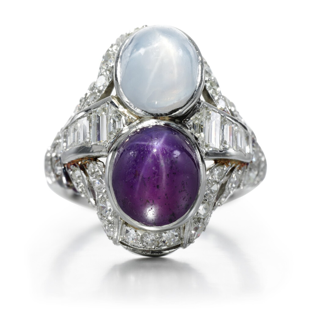 View full screen - View 1 of Lot 142. Purple star sapphire, star sapphire and diamond ring, 1930s.