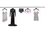 DSQUARED2 Cropped Varsity T-Shirt, Mini Jean Shorts with Lace Details, Silver Embellished Net Dress with Tulle Lining, and Accessories, a Laquan Smith Black Velvet Bodysuit, Trousers and Gown, and a GCDS Hologram Tulle Mesh Mini Bodycon Dress with Teardrops Crystal Embellishments