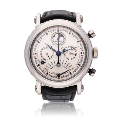 View full screen - View 1 of Lot 126. Reference 7000 QPE | A platinum double-faced perpetual calendar chronograph wristwatch with moon phases, equation of time, retrograde months and 24-hour indication, Circa 1995 | Franck Muller 7000 QPE | 型號鉑金雙面萬年曆計時腕錶備月相、時間等式、逆跳月份及24小時顯示,約1995年製.