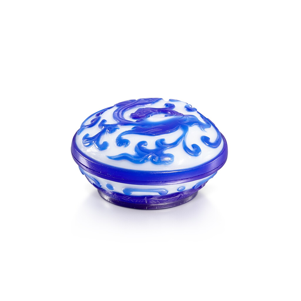 View full screen - View 1 of Lot 3747. A blue overlay white glass 'chilong' incense box and cover, Mark and period of Qianlong | 清乾隆 涅白地套藍料螭龍紋香盒 《大清乾隆年製》、《霜》款.