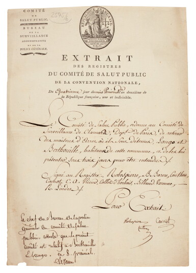View full screen - View 1 of Lot 102. Robespierre | Document signed, for the Committee of Public Safety, ordering two men be brought for trial, 1794.