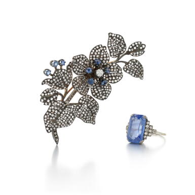 View full screen - View 1 of Lot 45. Sapphire and diamond brooch and a ring (Spilla e anello in zaffiri e diamanti ).