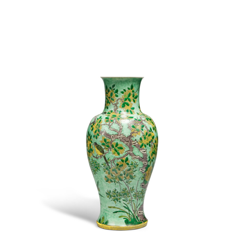 View full screen - View 1 of Lot 100. A pale-green-ground famille-verte baluster vase, Qing dynasty, Kangxi period.