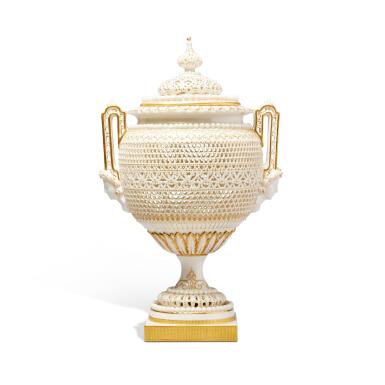 View full screen - View 1 of Lot 251. A Royal Worcester Porcelain Reticulated Two-Handled Vase and Cover by George Owen, 1908.