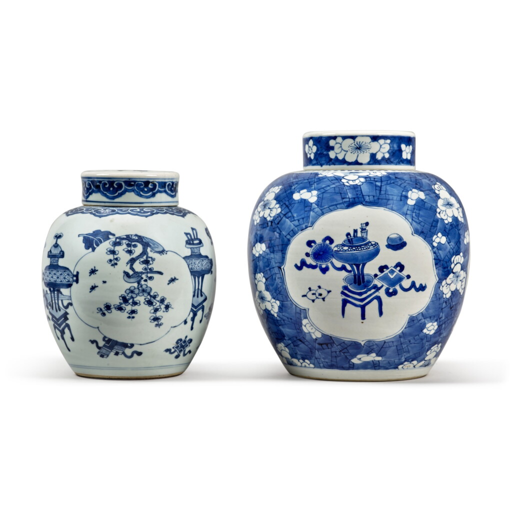 View full screen - View 1 of Lot 31. Two blue and white jars and covers, Qing dynasty.