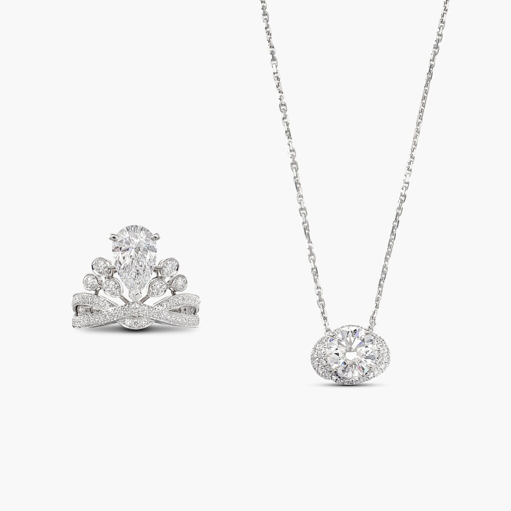 View full screen - View 1 of Lot 1445. Diamond Pendent Necklace and Ring | 尚美 | 2.11 及 2.03克拉 鑽石 項鏈 及 戒指.