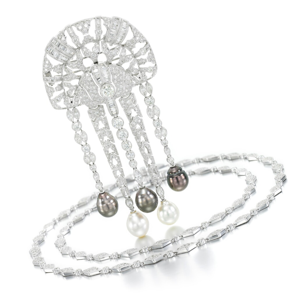 View full screen - View 1 of Lot 106. Cultured pearl and diamond brooch/necklace.
