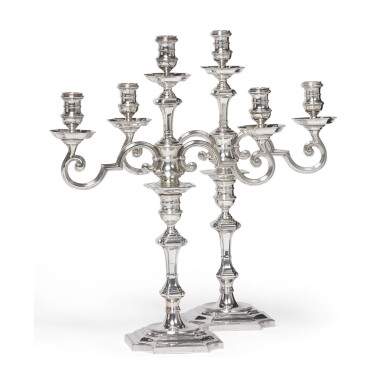 View full screen - View 1 of Lot 807. ROYAL: A PAIR OF ENGLISH SILVER THREE-LIGHT CANDELABRA, GOLDSMITHS & SILVERSMITHS CO. LTD., LONDON, 1938.