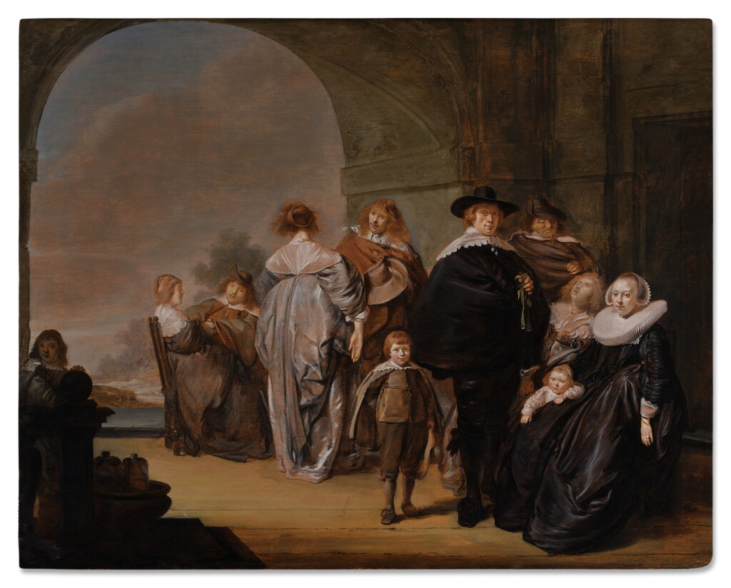 View full screen - View 1 of Lot 543. Elegant family portrait on a terrace before an arch.