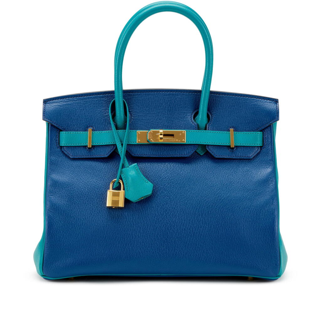View full screen - View 1 of Lot 130. Bleu Saphir and Bleu Paon Chèvre Mysore Custom Birkin 30 Gold Hardware, 2017.