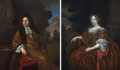 View full screen - View 1 of Lot 259. REYNIER DE LA HAYE | PORTRAIT OF A GENTLEMAN, THREE-QUARTER-LENGTH, WEARING GOLD BROCADE AND A WHITE LACE CRAVAT; PORTRAIT OF A LADY, THREE-QUARTER-LENGTH, WEARING A GOLD DRESS WITH A RED DRAPE, BEFORE A GARDEN AT DUSK.