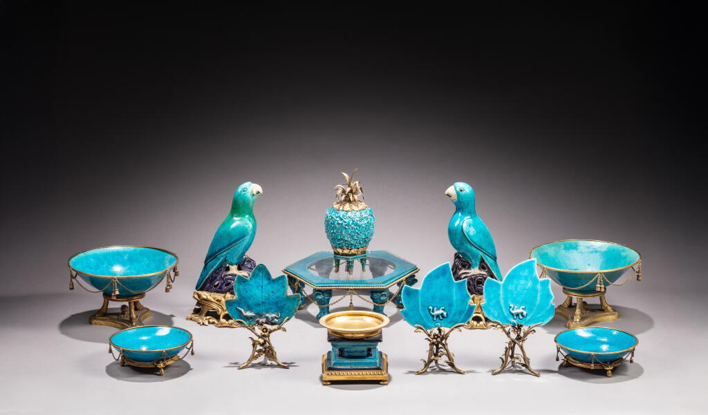 View full screen - View 1 of Lot 149. A group of sixteen gilt-bronze mounted turquoise-glazed wares, Qing dynasty, 18th century.