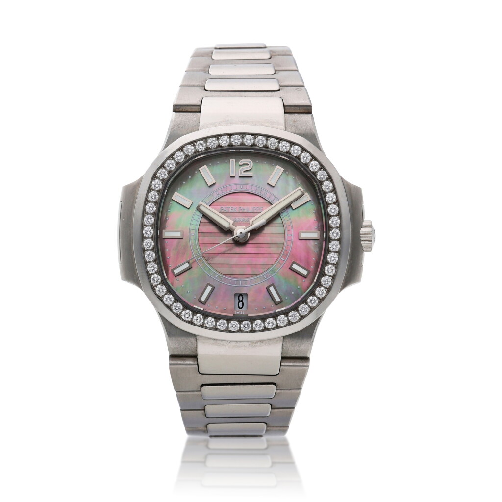 View full screen - View 1 of Lot 20. Reference 7008 Nautilus, A stainless steel and diamond-set wristwatch with date, mother-of-pearl dial and bracelet, Circa 2012.