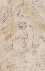 A DERVISH HOLDING A BOOK, SIGNED BY MUHAMMAD MUSHIN, PERSIA, SAFAVID, ISFAHAN, SECOND QUARTER 17TH CENTURY