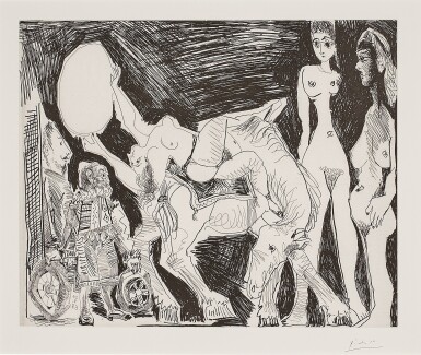 View full screen - View 1 of Lot 382. Cirque: écuyère, femmes et spectateurs, dont un garagiste déguisé (Bloch 1523; Baer 1539).