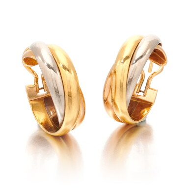 View full screen - View 1 of Lot 100. CARTIER | PAIR OF THREE- COLOR GOLD EARRINGS (PAIO DI ORECCHINI IN ORO TRICOLORE) .